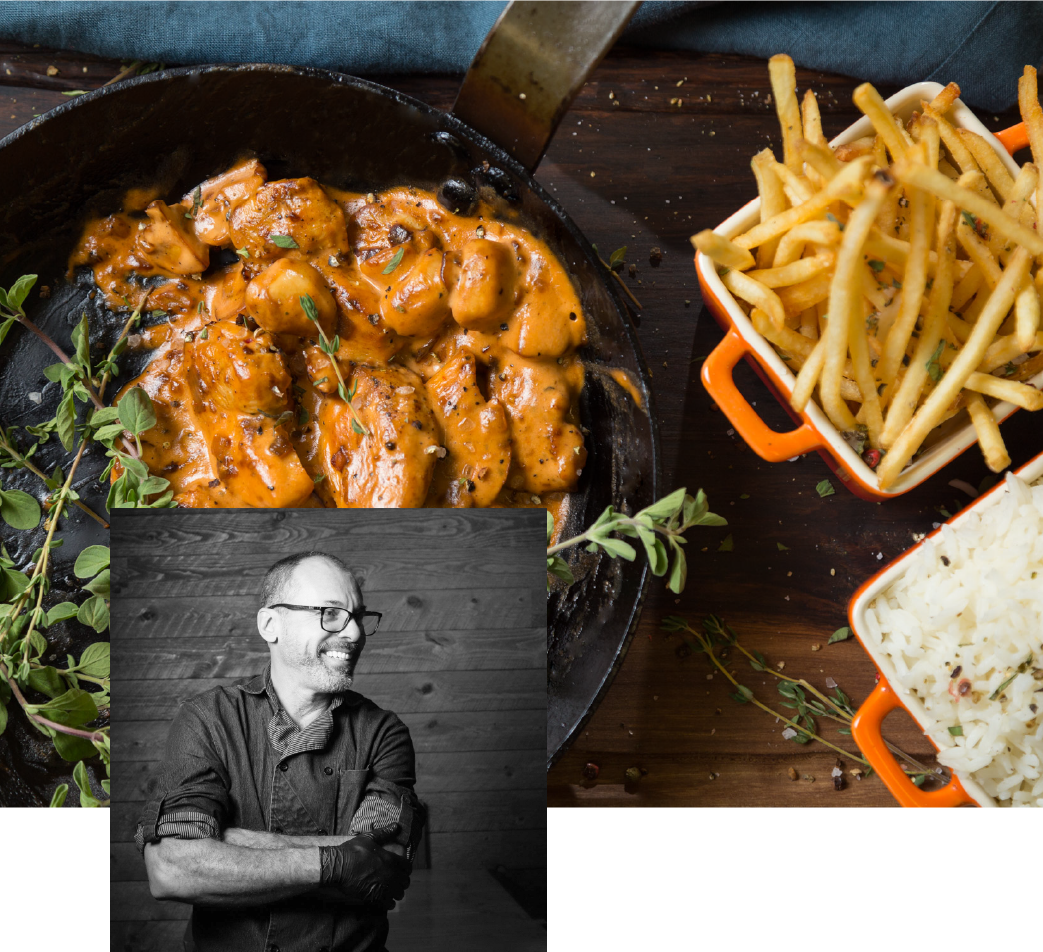 beef stroganoff in rustic setting with potato fries and rice with image of francisco freire bossa nova restaurant owner and executive chef