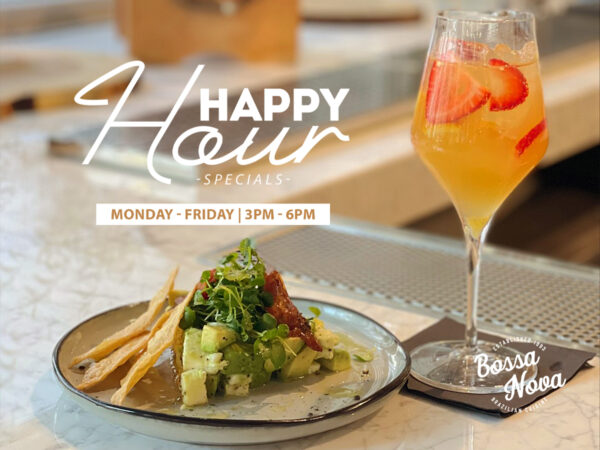 happy hour specials sign with appetizer and sangria glass